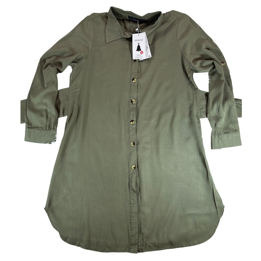 ZESICA Womens Olive Green Button Down Shirt Dress Cotton Blend Tie Waist‎ NWT M